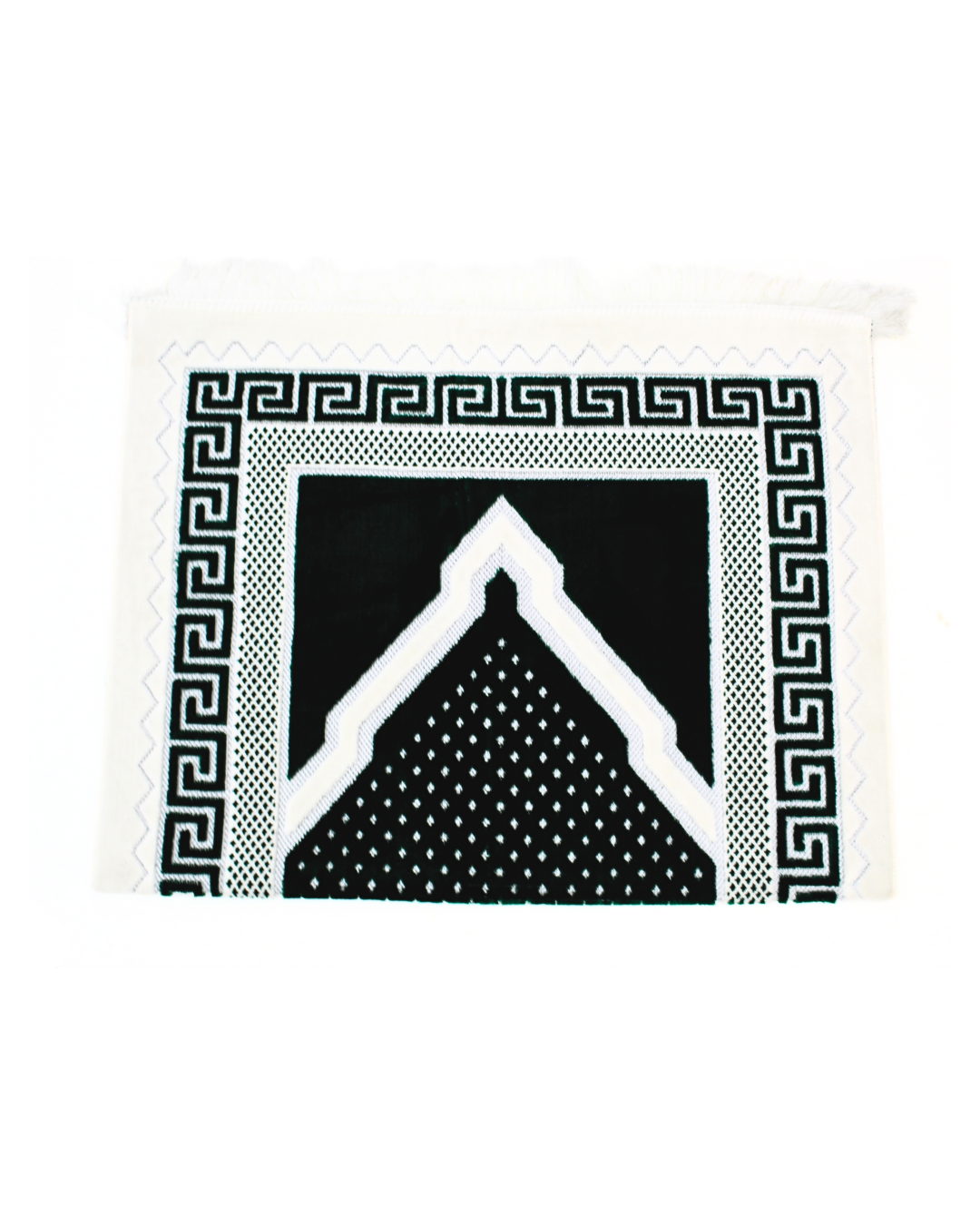 Luxury Islamic Prayer Mat with Greek Key Border Design In White and Pearl Green Geometric Pattern Traditional Muslim Prayer Mat