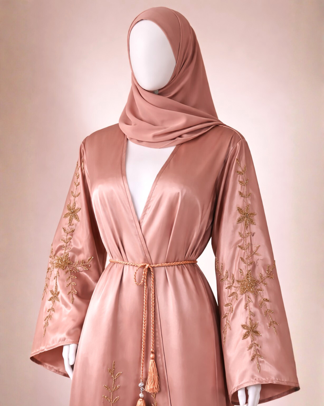 Rose Gold Satin Embroidered Abaya with Tassel Belt & Matching Hijab