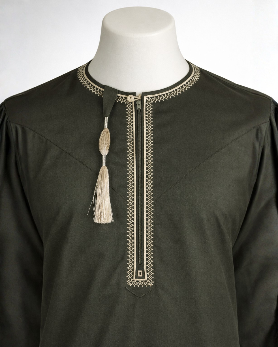 Men’s Premium Olive Green Embroidered Thobe with Tassel (Teen Size Available)