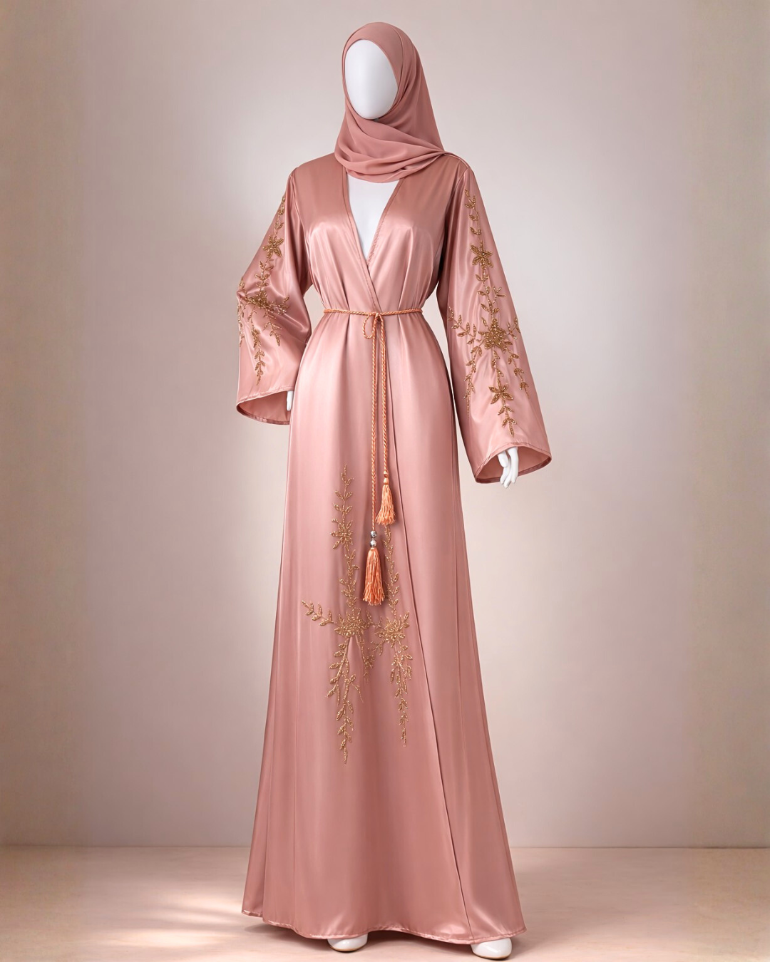Rose Gold Satin Embroidered Abaya with Tassel Belt & Matching Hijab