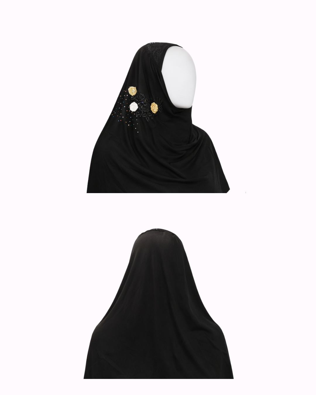 Women’s Black Fancy Hijab Full Coverage One Piece Hijab with Floral Design