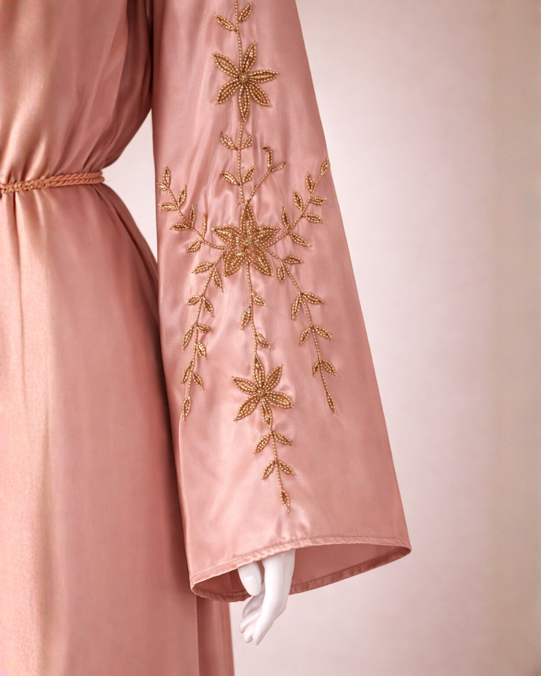Rose Gold Satin Embroidered Abaya with Tassel Belt & Matching Hijab