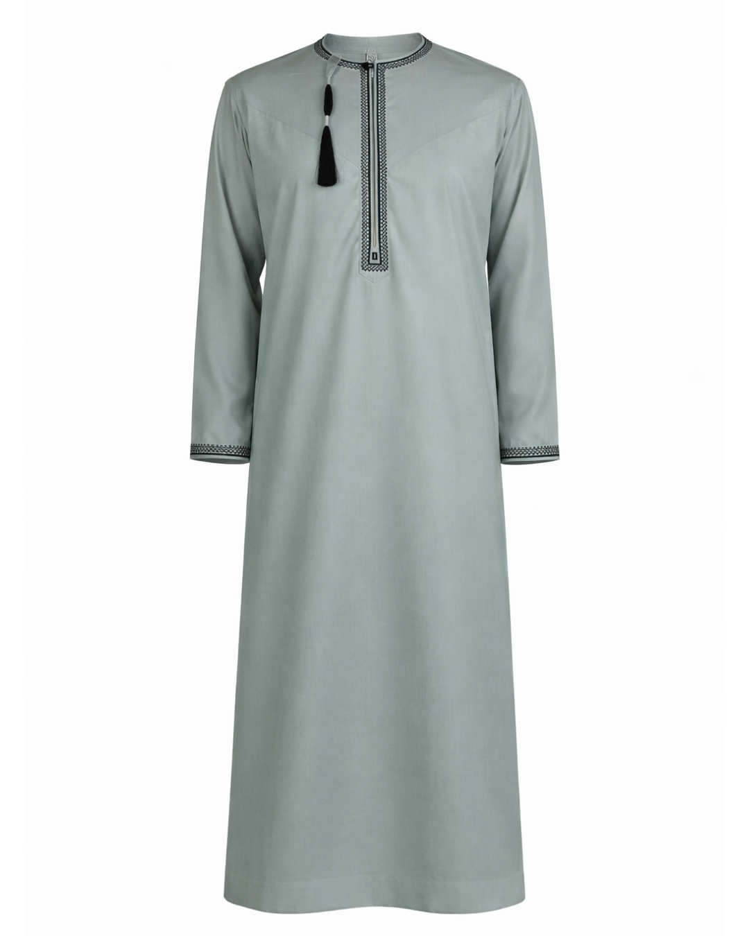 Men’s Elegant Sage Green Embroidered Thobe with Black Tassel (Teen Size Available)