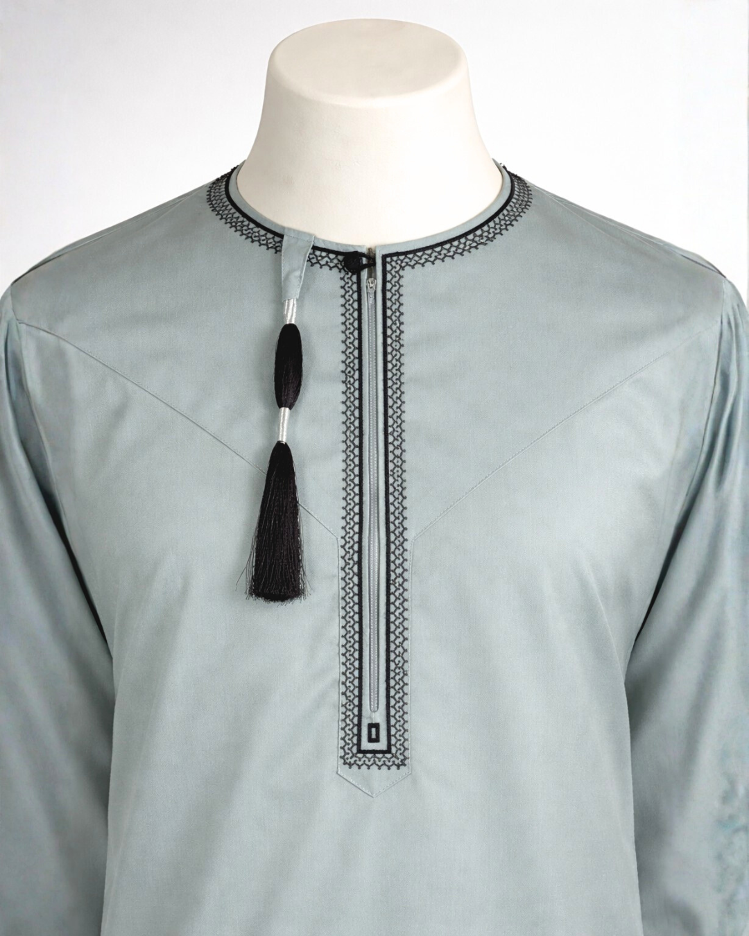 Men’s Elegant Sage Green Embroidered Thobe with Black Tassel (Teen Size Available)