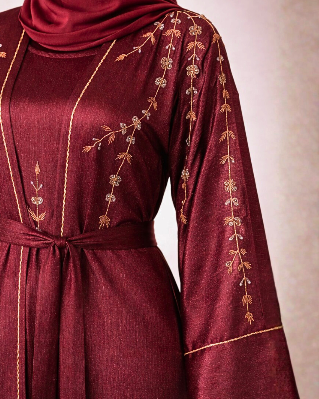 Burgundy Embroidered Belted Abaya with Matching Hijab