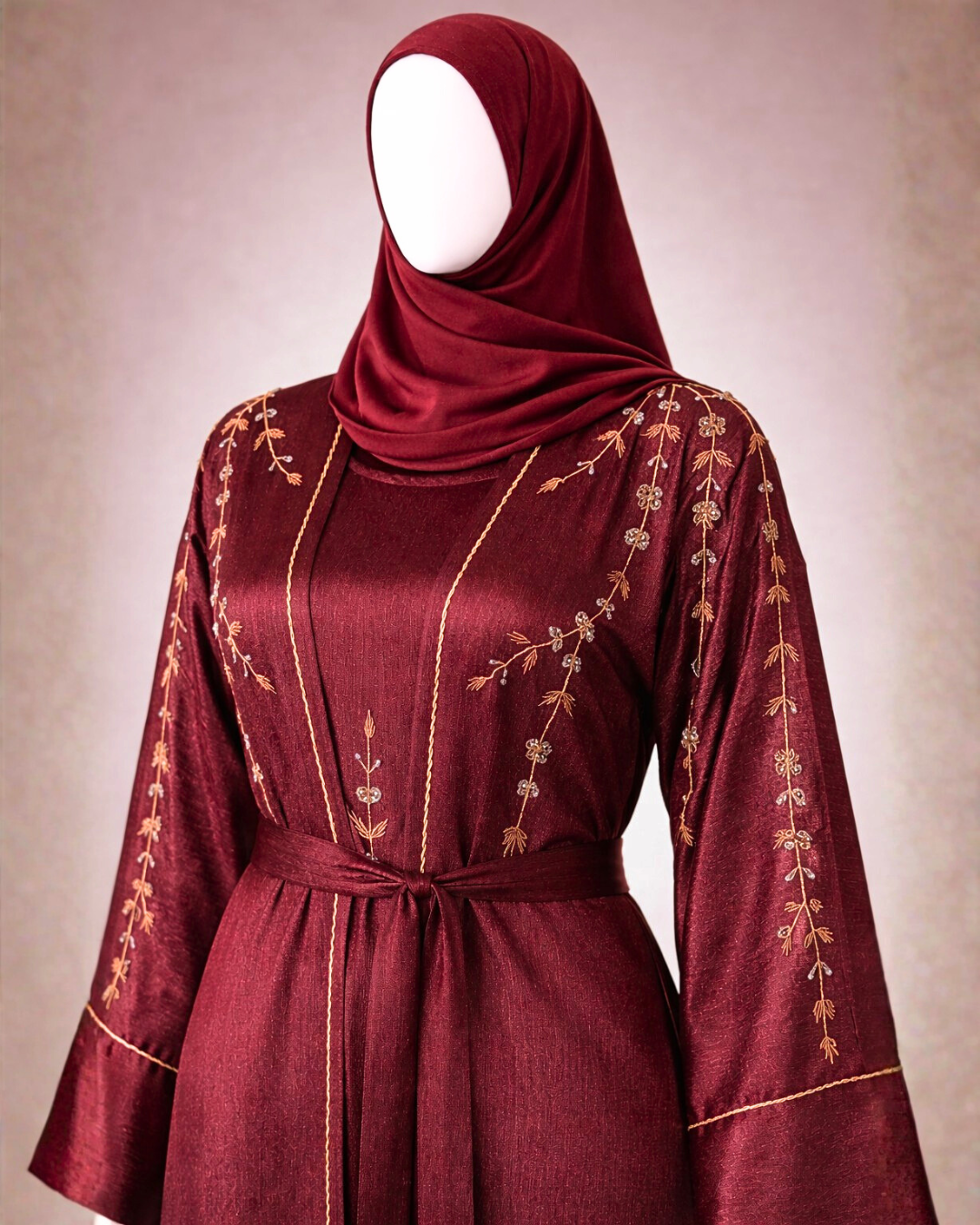 Burgundy Embroidered Belted Abaya with Matching Hijab