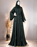 Dark Emerald Embroidered Open Abaya with Belt & Matching Hijab
