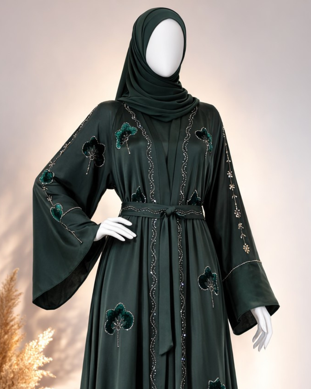 Dark Emerald Embroidered Open Abaya with Belt & Matching Hijab
