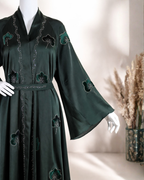 Dark Emerald Embroidered Open Abaya with Belt & Matching Hijab