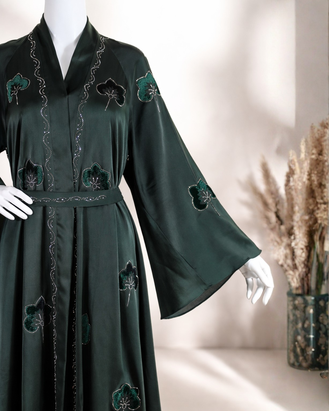 Dark Emerald Embroidered Open Abaya with Belt & Matching Hijab