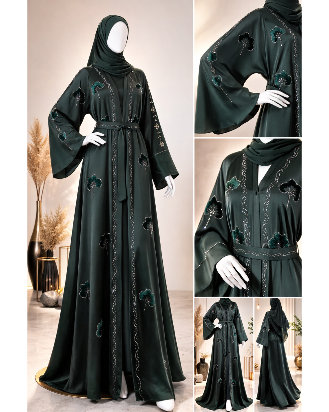 Dark Emerald Embroidered Open Abaya with Belt & Matching Hijab