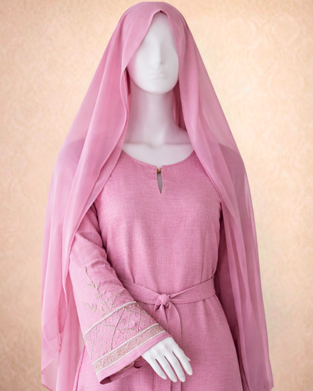 Blush Pink Embroidered Belted Abaya with Sheer Matching Hijab