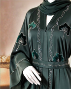 Dark Emerald Embroidered Open Abaya with Belt & Matching Hijab