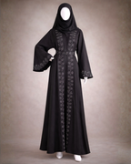 Classic Black Embroidered Belted Abaya with Matching Hijab