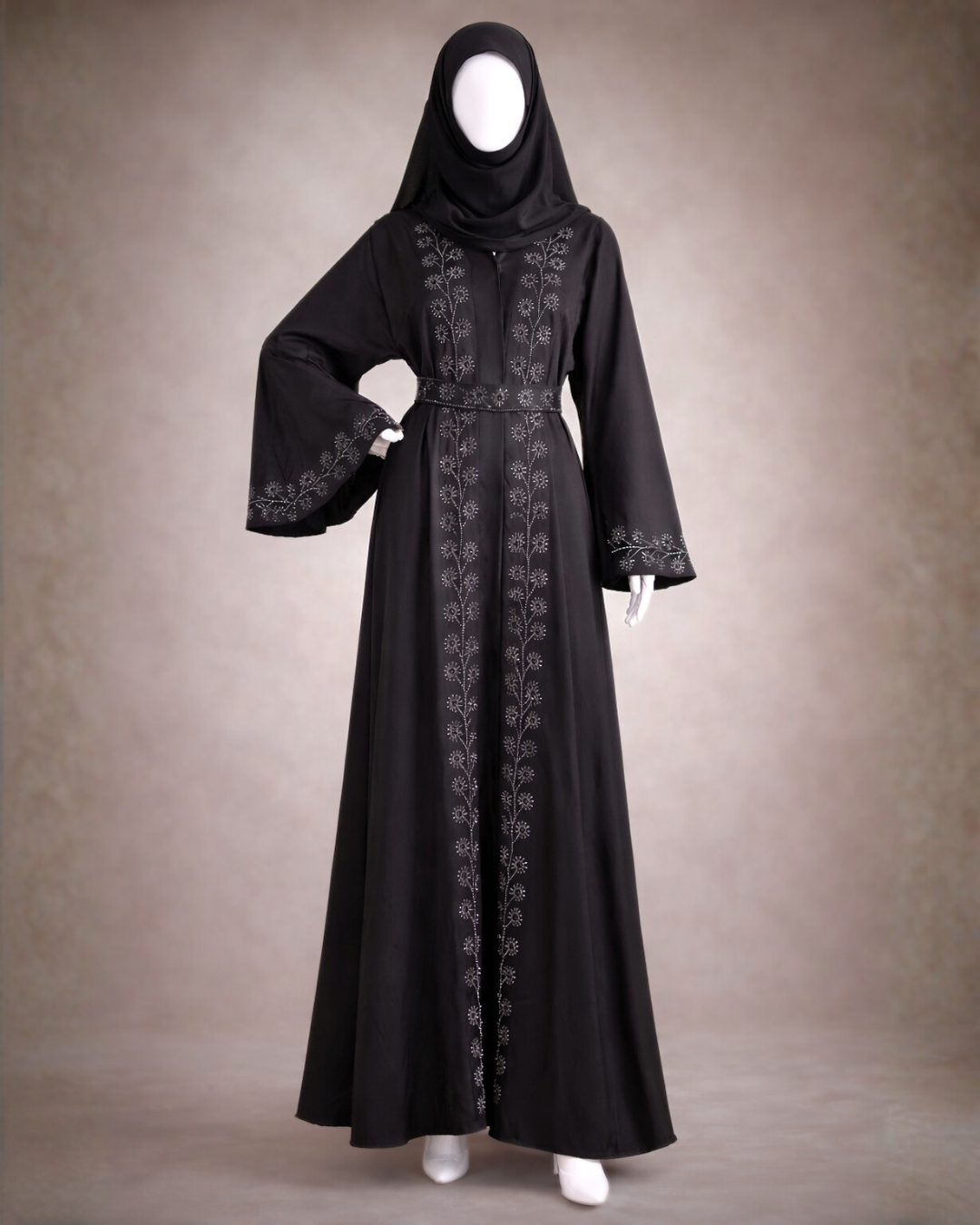 Classic Black Embroidered Belted Abaya with Matching Hijab
