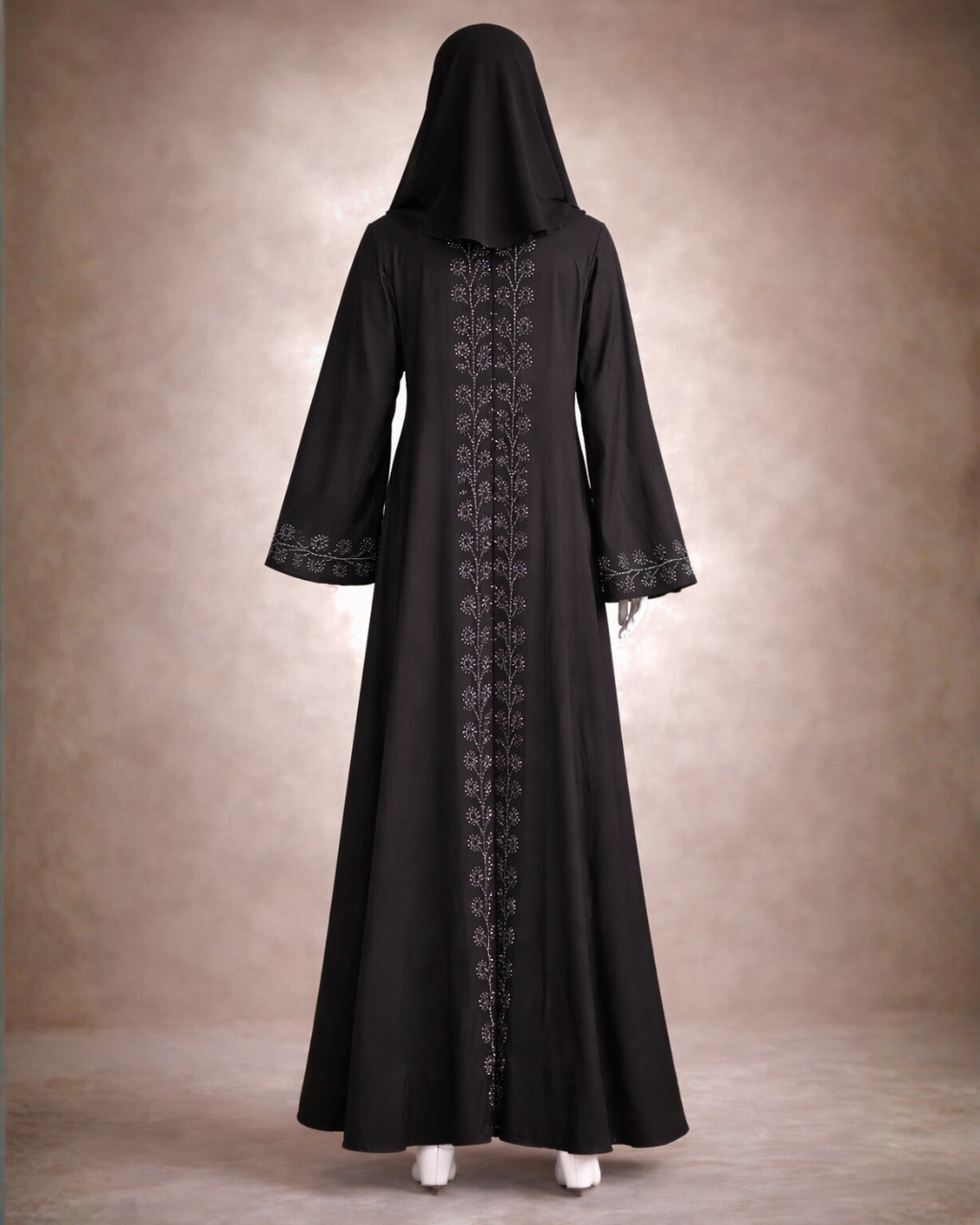 Classic Black Embroidered Belted Abaya with Matching Hijab