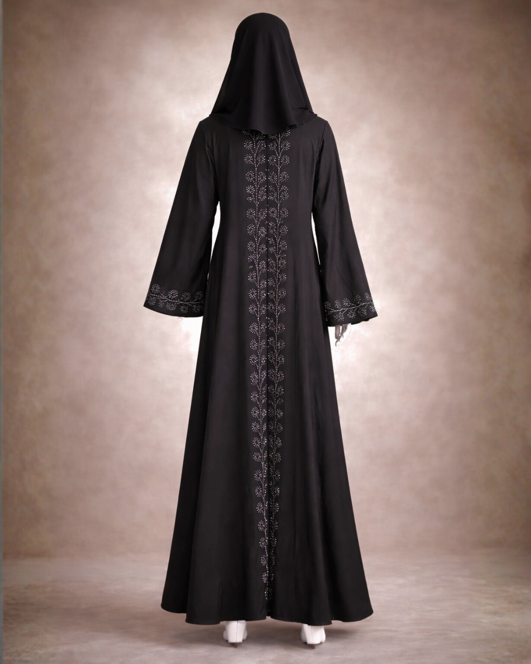 Classic Black Embroidered Belted Abaya with Matching Hijab