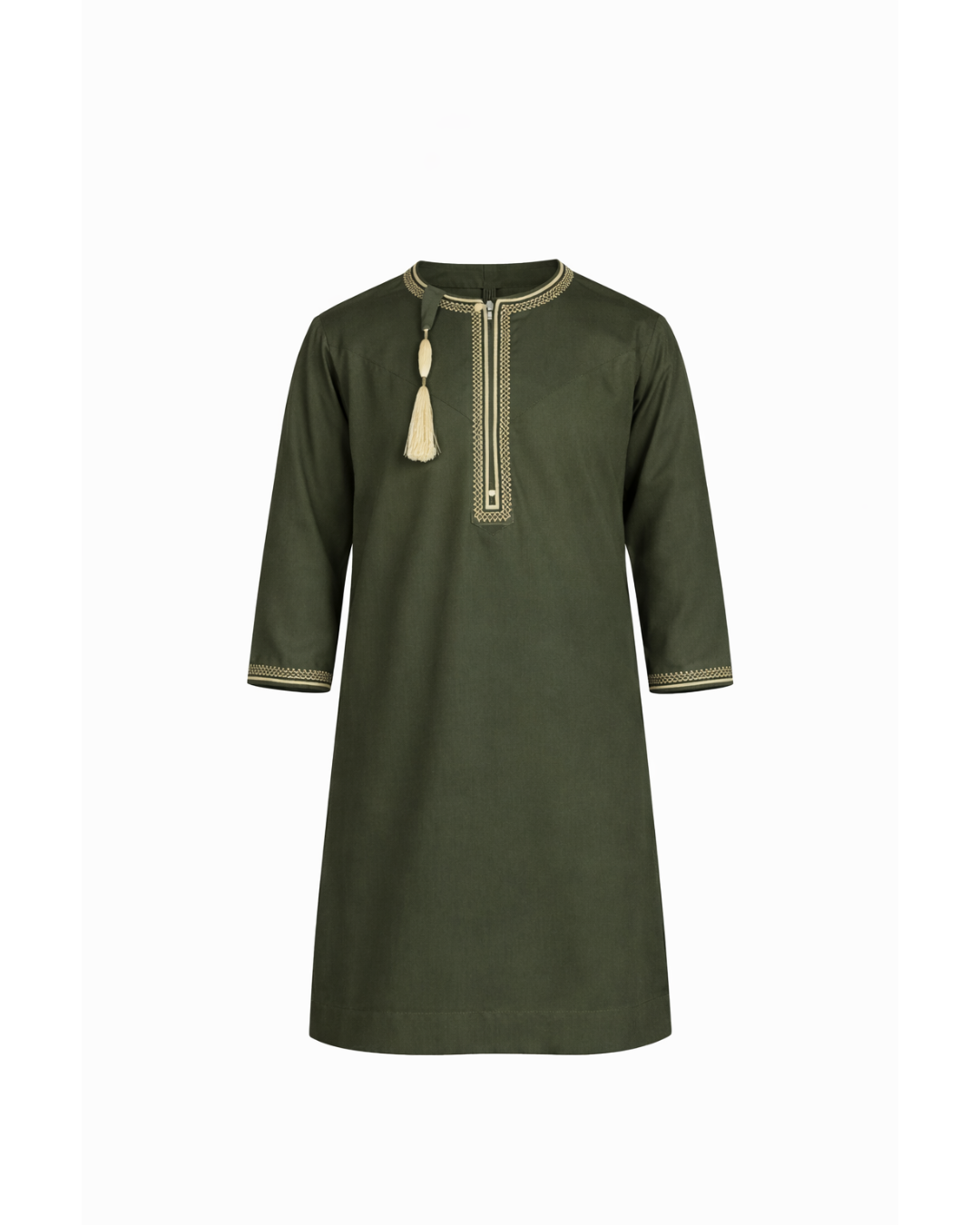 Kid’s Premium Olive Green Embroidered Thobe with Tassel