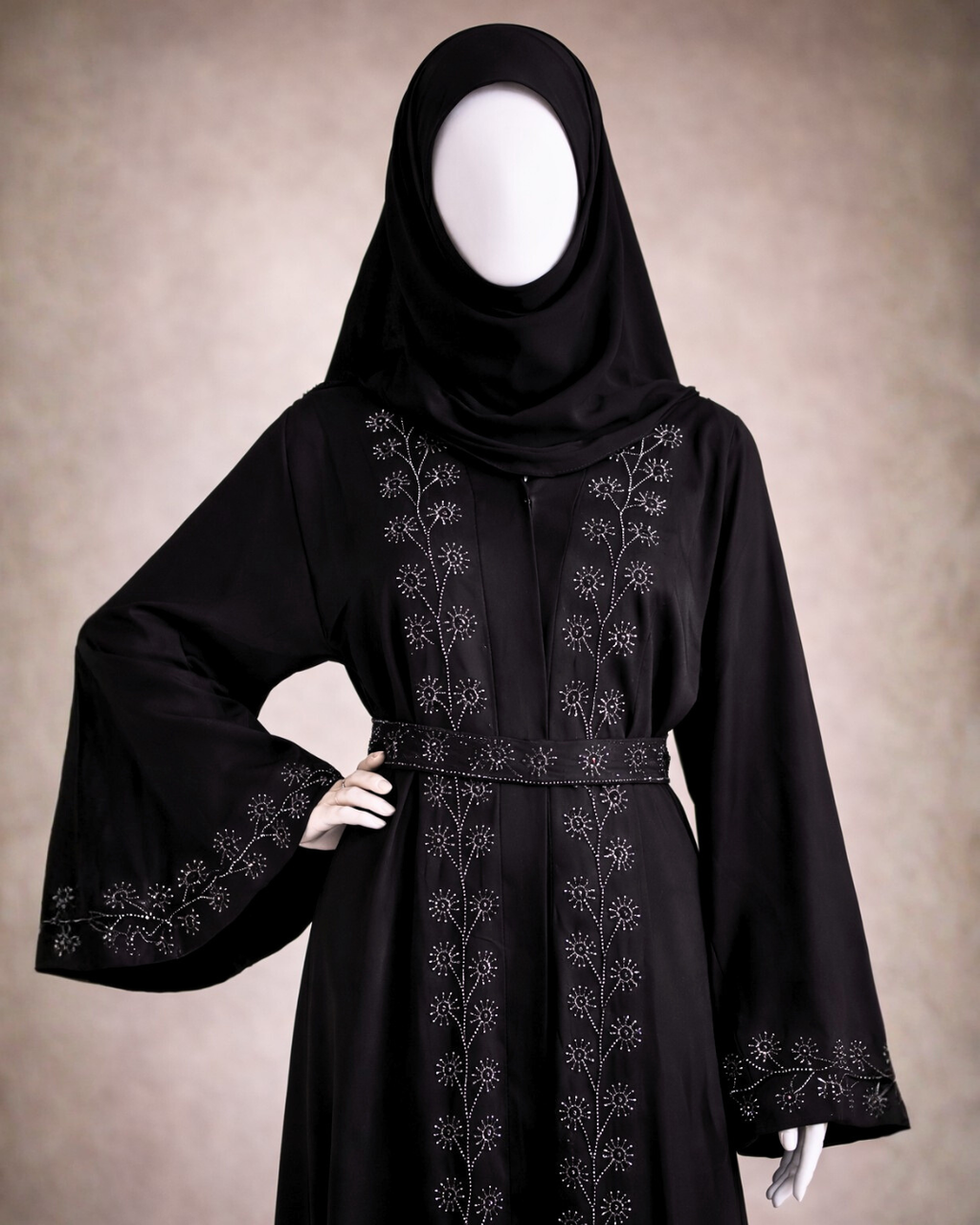 Classic Black Embroidered Belted Abaya with Matching Hijab