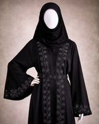 Classic Black Embroidered Belted Abaya with Matching Hijab