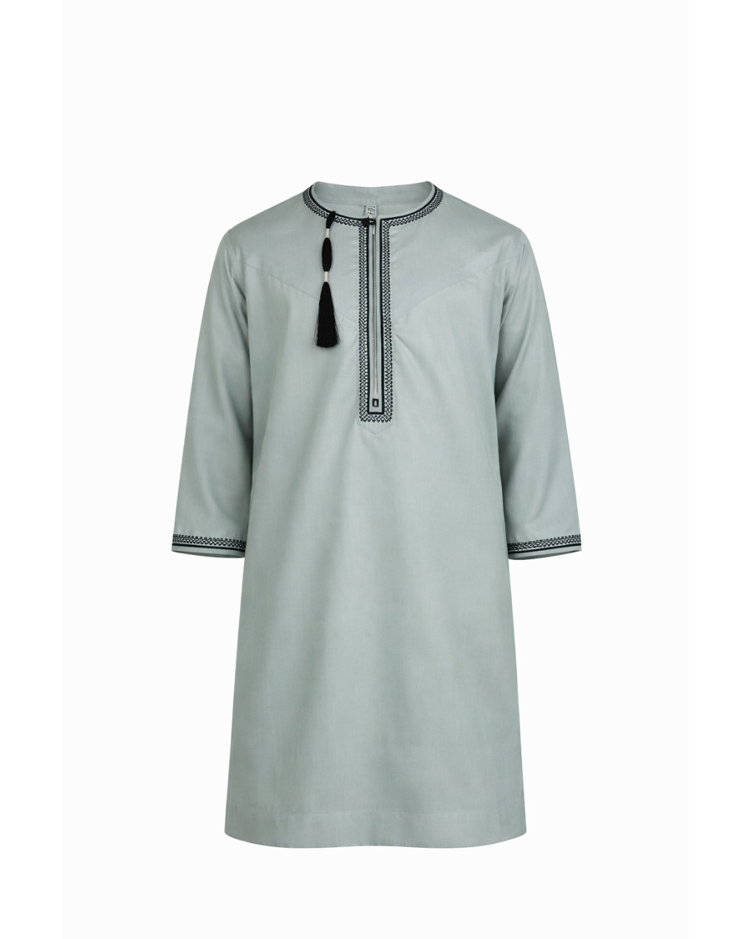 Kid’s Elegant Sage Green Embroidered Thobe with Black Tassel