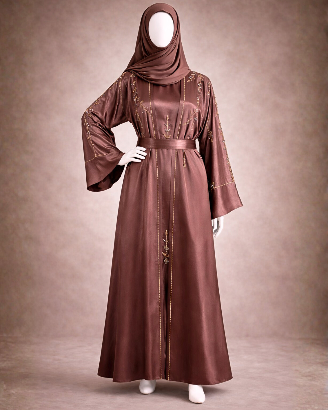 Luxury Mocha Satin Abaya with Gold Embroidery & Belt