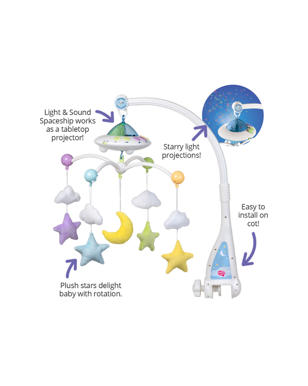 Moon & Stars Desi Doll Quran Cot Mobile with Light Projection