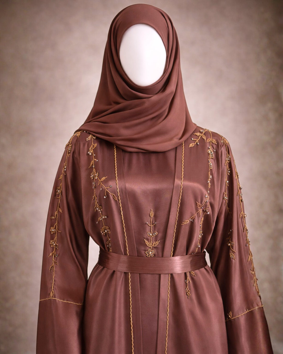 Luxury Mocha Satin Abaya with Gold Embroidery & Belt