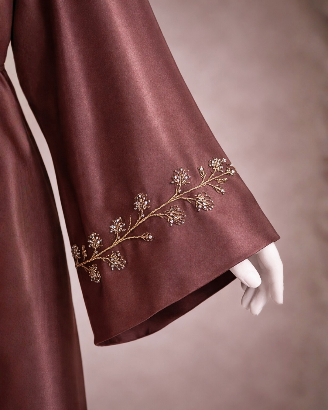 Luxury Mocha Satin Abaya with Gold Embroidery & Belt