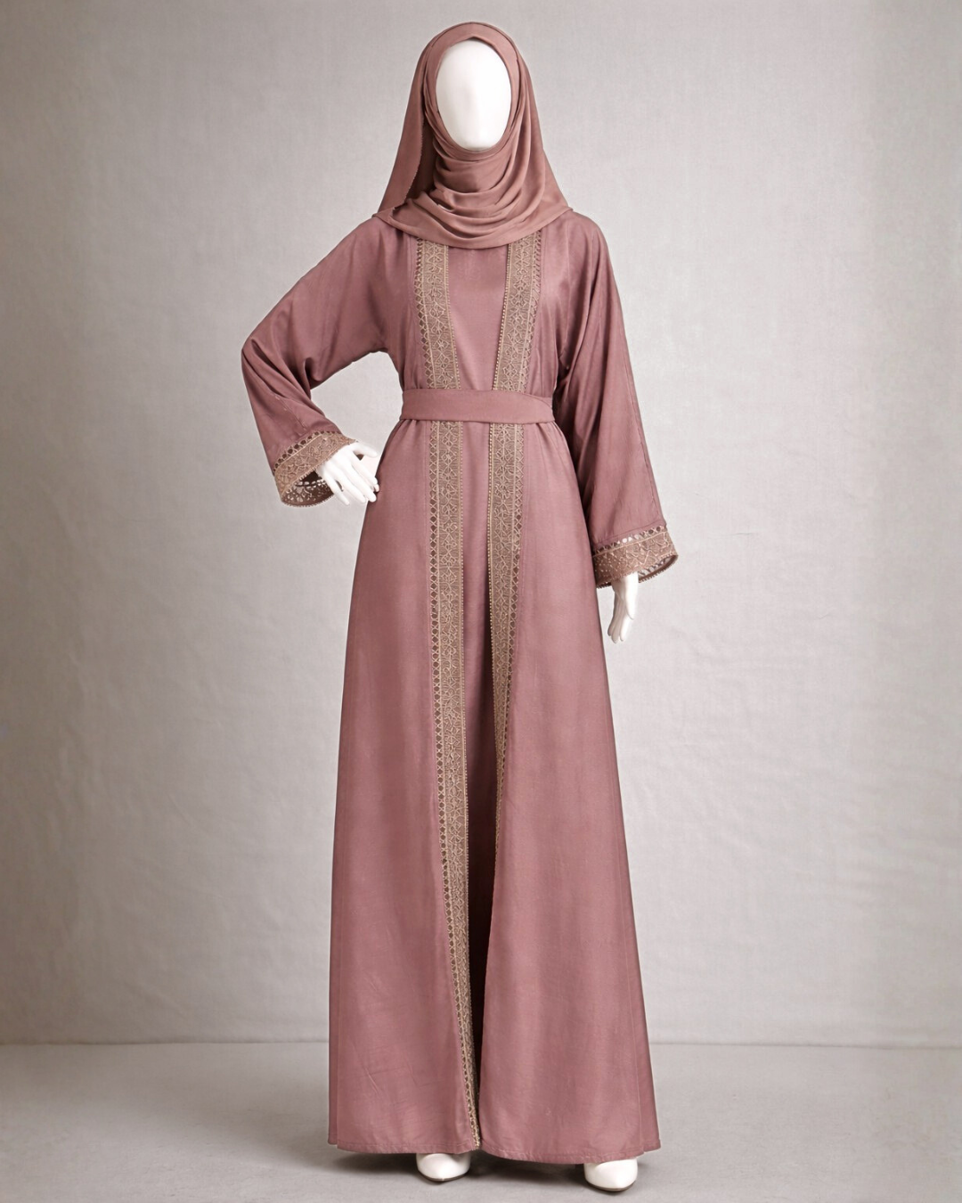 Elegant Dusty Rose Lace Panel Abaya with Belt & Matching Hijab
