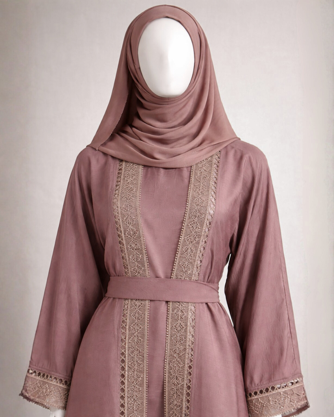 Elegant Dusty Rose Lace Panel Abaya with Belt & Matching Hijab