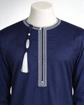 Men’s Premium Navy Blue Embroidered Omani Thobe with Tassel