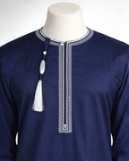 Men’s Premium Navy Blue Embroidered Omani Thobe with Tassel