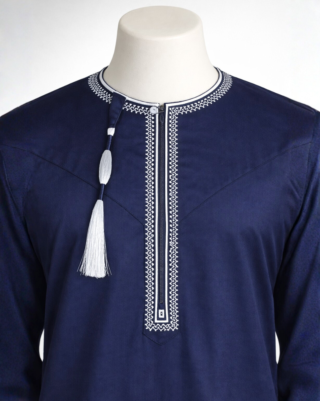 Men’s Premium Navy Blue Embroidered Omani Thobe with Tassel