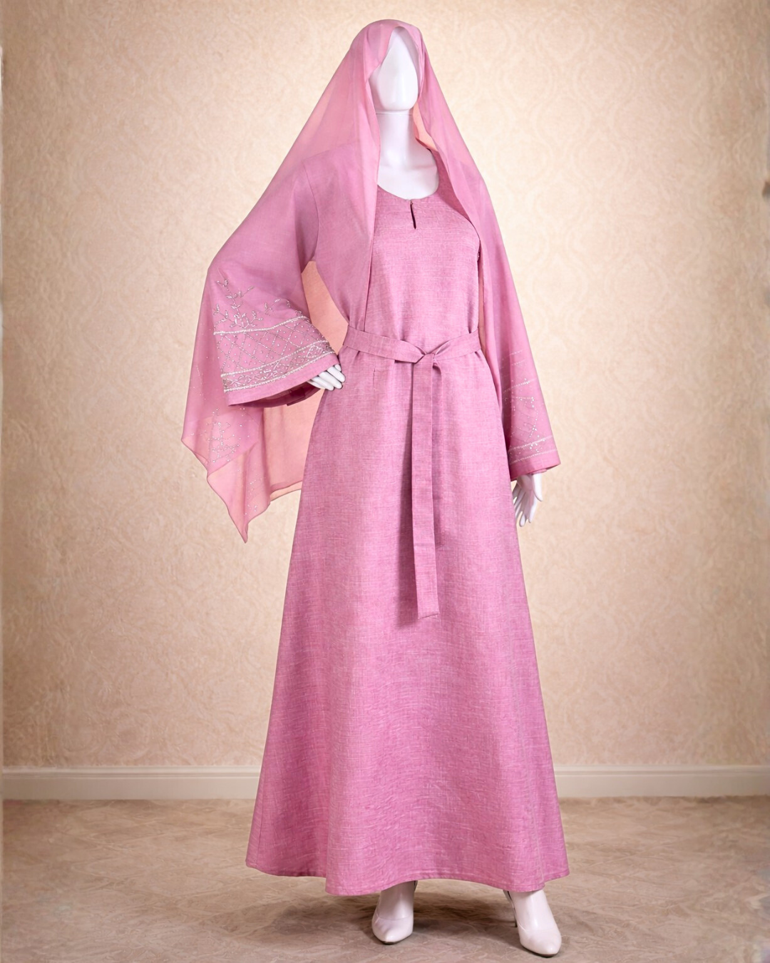 Blush Pink Embroidered Belted Abaya with Sheer Matching Hijab