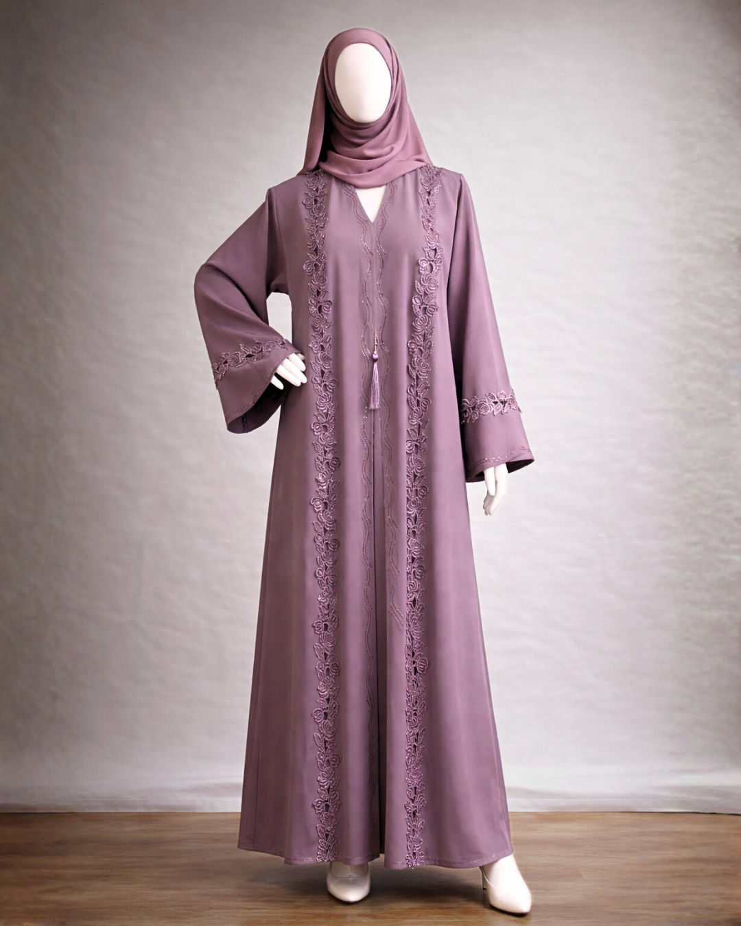 Luxury Mauve Embroidered Abaya with Floral Lace Detailing & Tassel Accent
