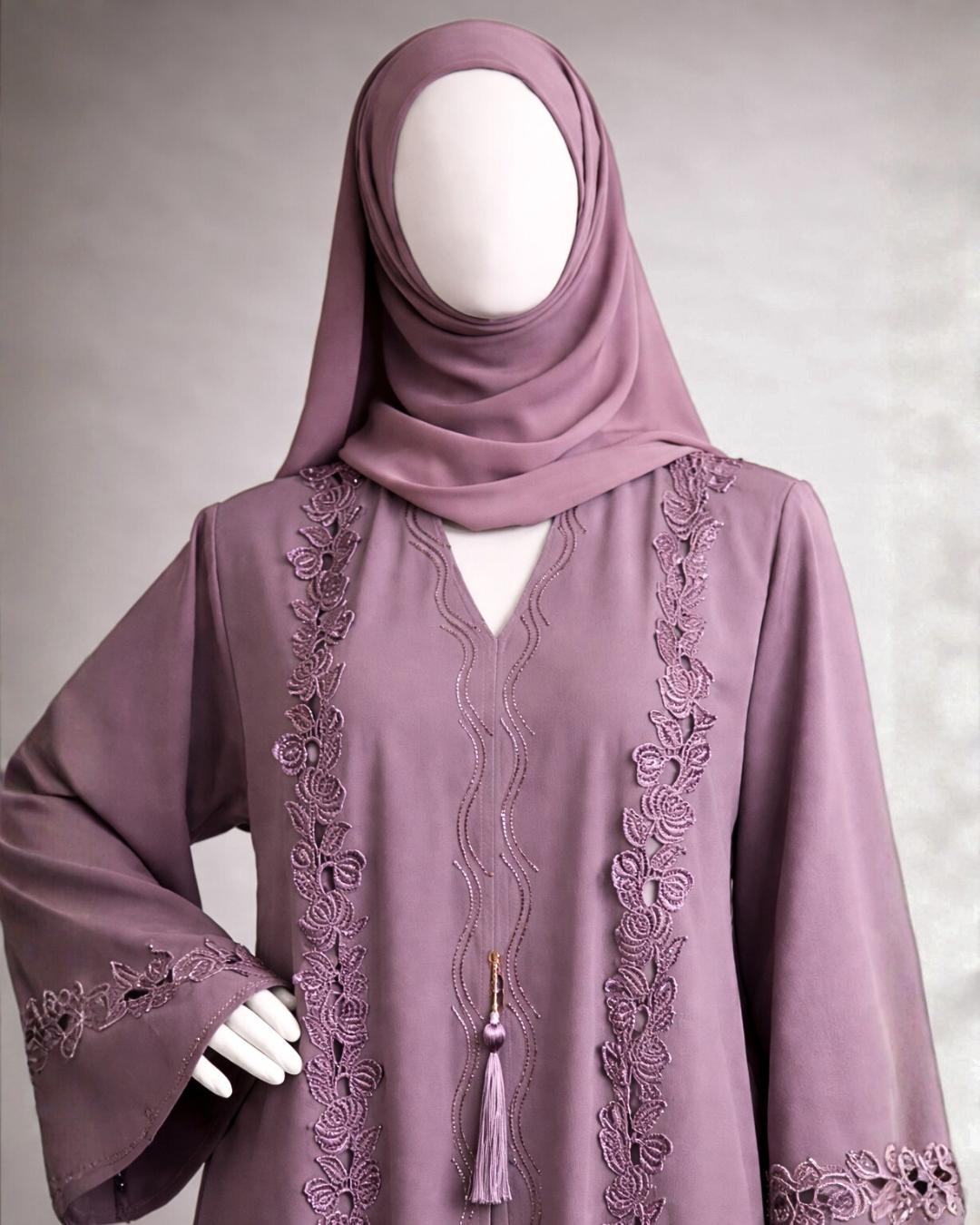 Luxury Mauve Embroidered Abaya with Floral Lace Detailing & Tassel Accent