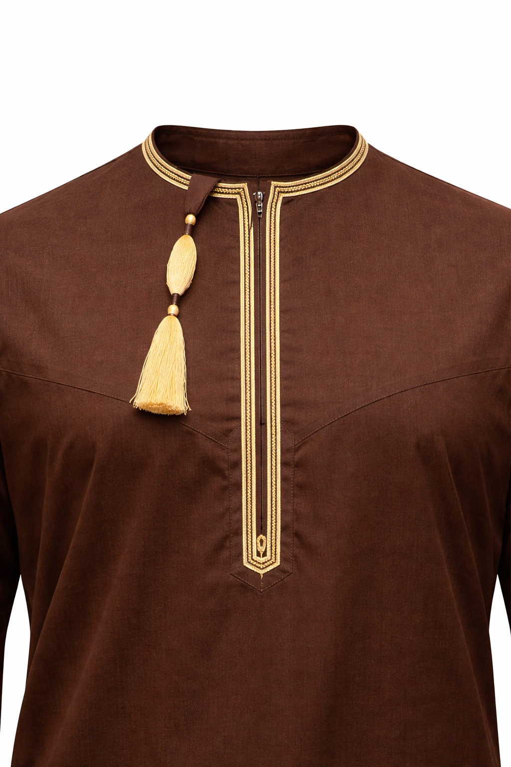 Premium Omani Thobe With Tassel Embroidery - Coffee Brown