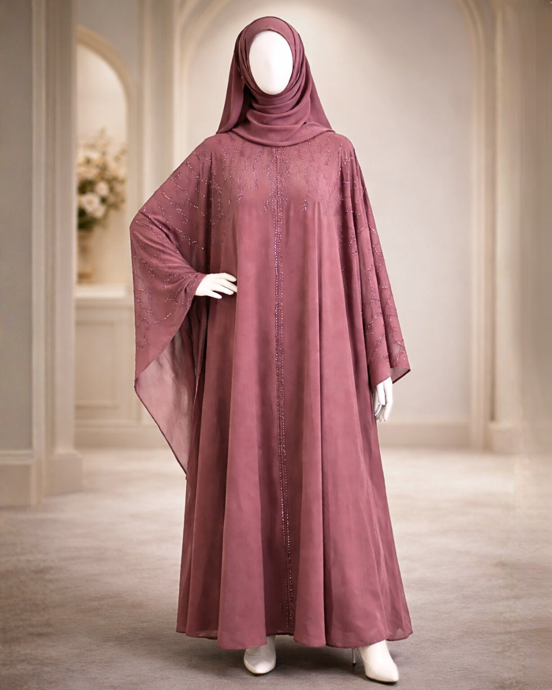 Elegant Rosewood Beaded Kaftan Abaya with Flowing Butterfly Sleeves