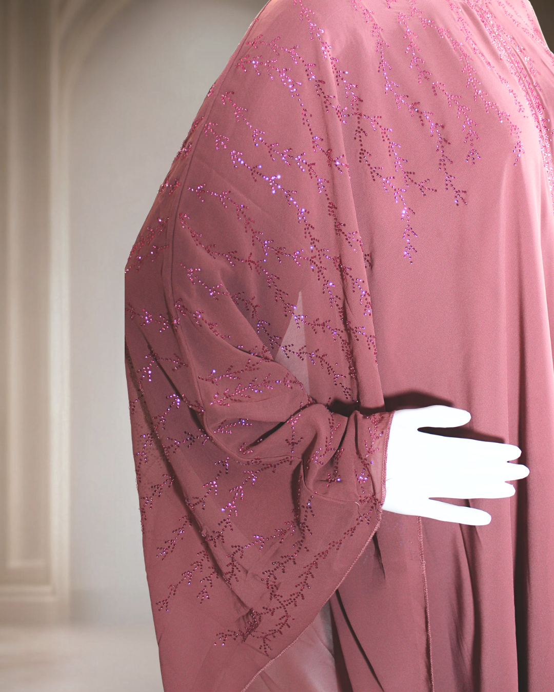 Elegant Rosewood Beaded Kaftan Abaya with Flowing Butterfly Sleeves