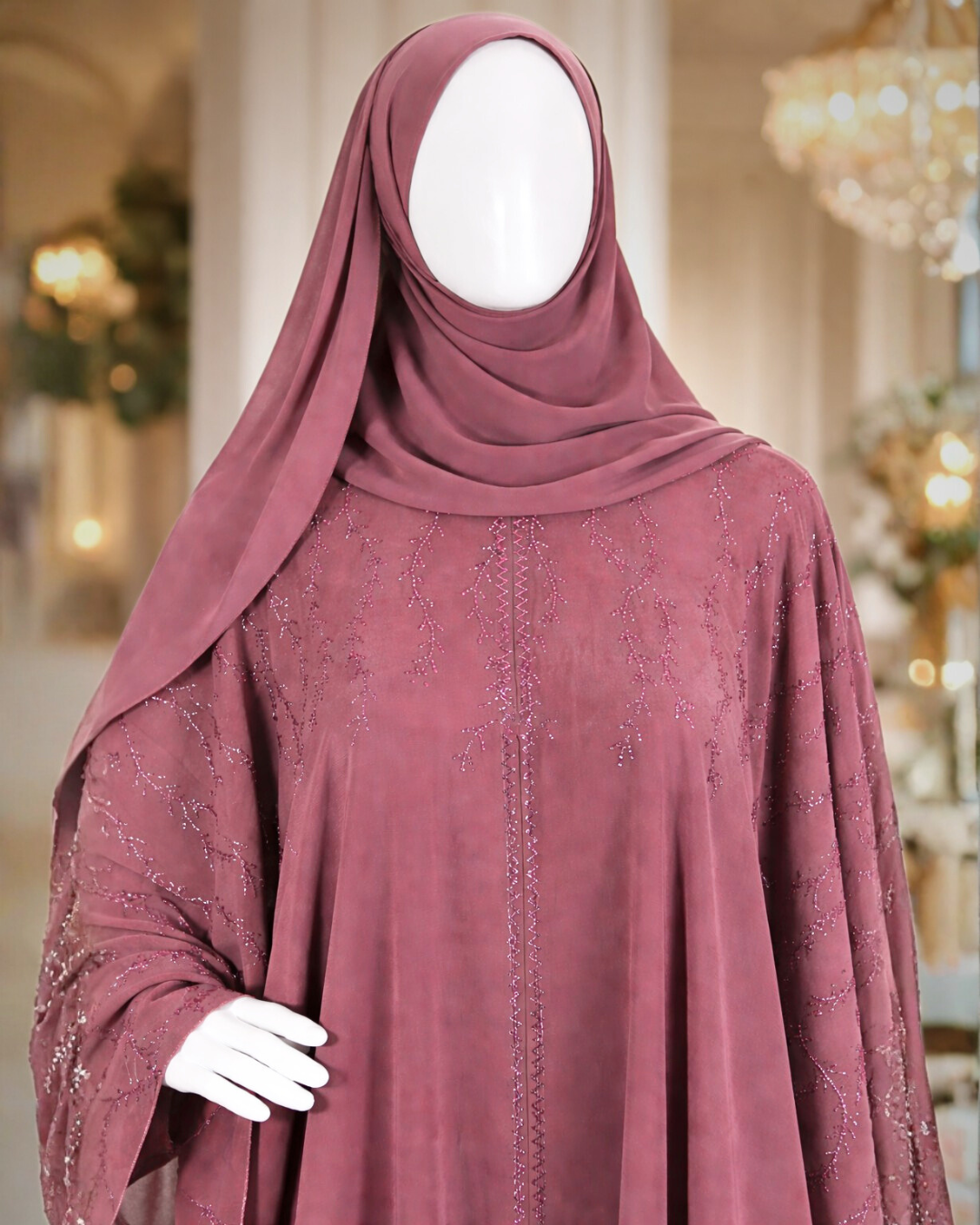Elegant Rosewood Beaded Kaftan Abaya with Flowing Butterfly Sleeves