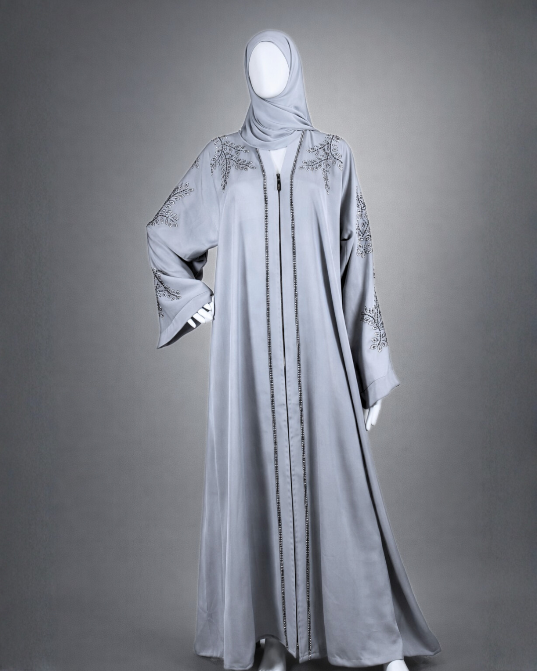 Elegant Ice Blue Embellished Abaya with Crystal Leaf Detailing