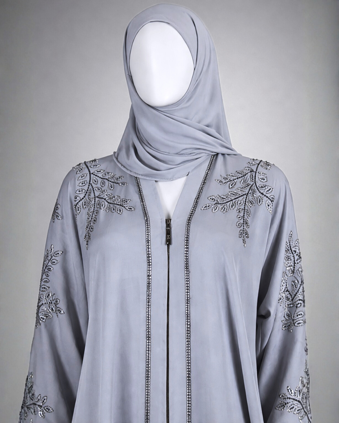 Elegant Ice Blue Embellished Abaya with Crystal Leaf Detailing