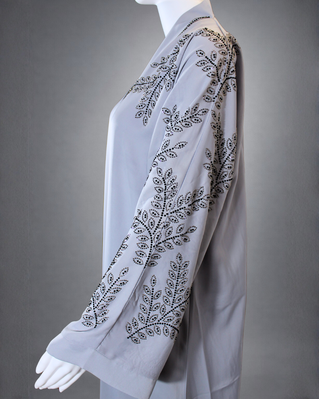 Elegant Ice Blue Embellished Abaya with Crystal Leaf Detailing