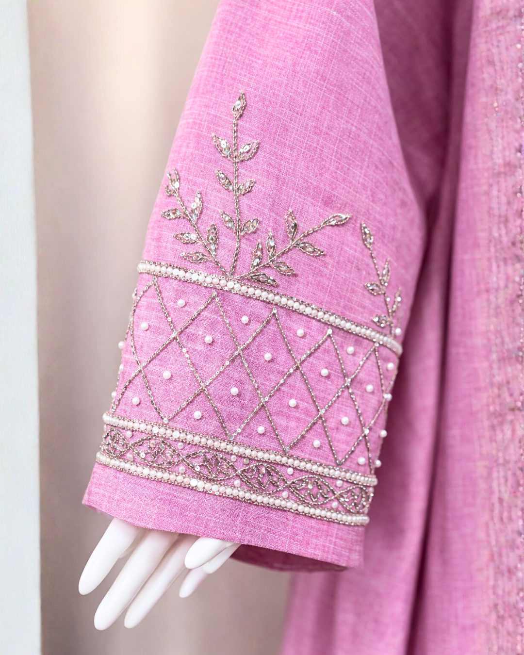 Blush Pink Embroidered Belted Abaya with Sheer Matching Hijab