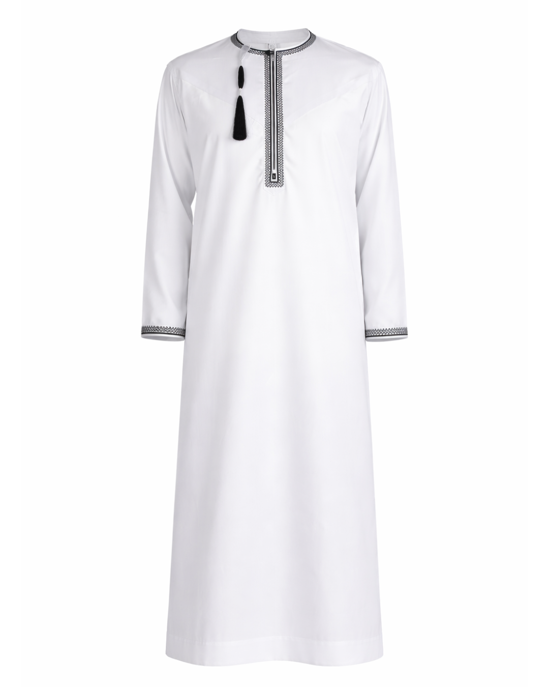 Men’s Classic White Embroidered Thobe with Black Tassel (Teen Size Available)