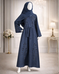 Navy Blue Embroidered Belted Abaya with Matching Hijab