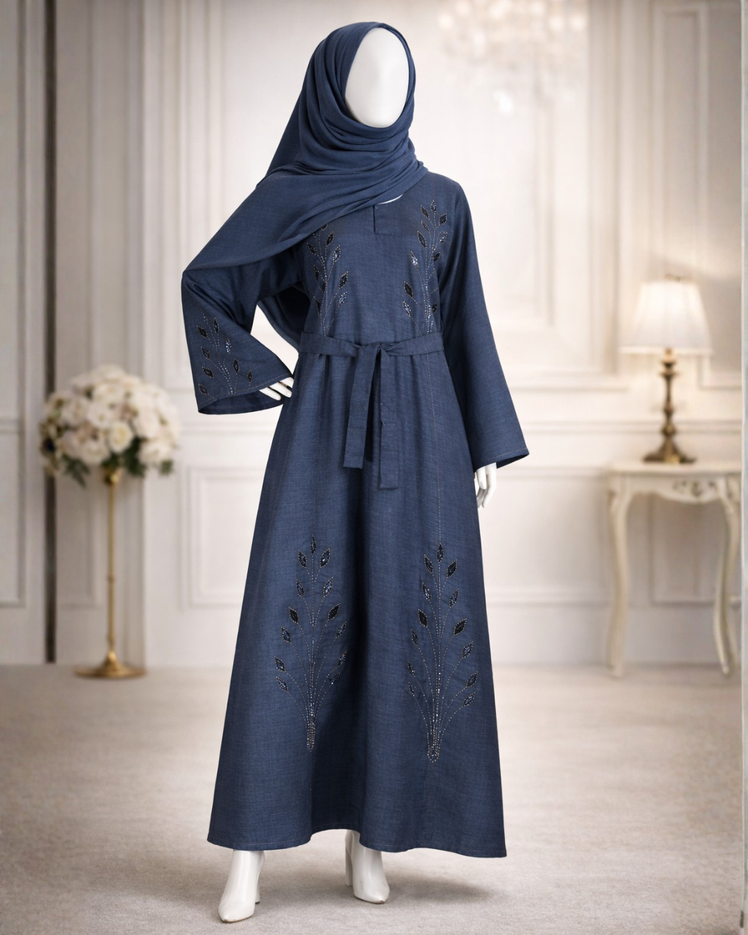 Navy Blue Embroidered Belted Abaya with Matching Hijab