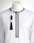 Men’s Classic White Embroidered Thobe with Black Tassel (Teen Size Available)