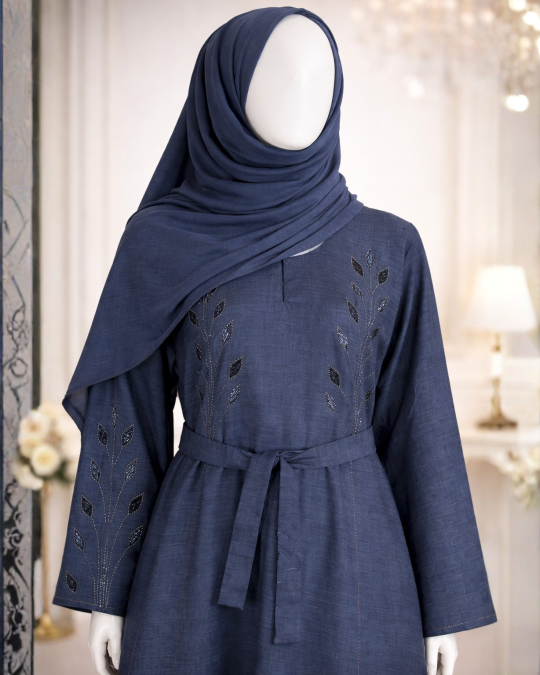 Navy Blue Embroidered Belted Abaya with Matching Hijab